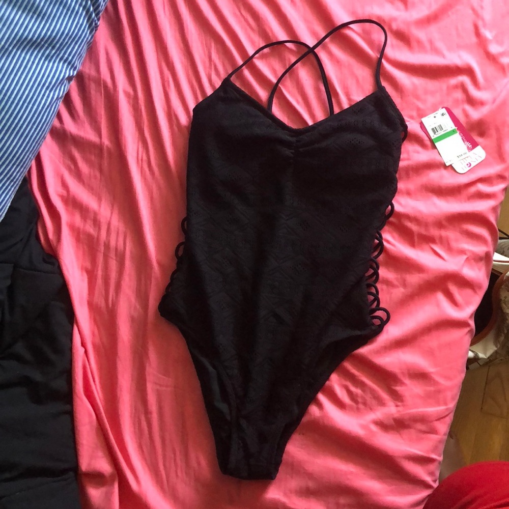 Black, one piece bathing suit
